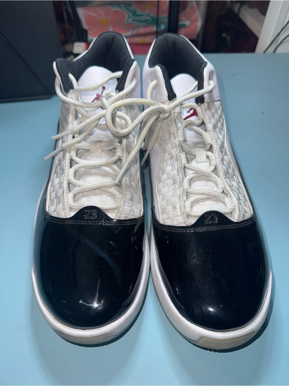 Jordan Black and White Woven Upper Sneakers